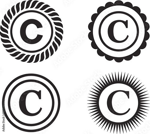 Four distinct black copyright C symbols in decorative circular frames icon mark