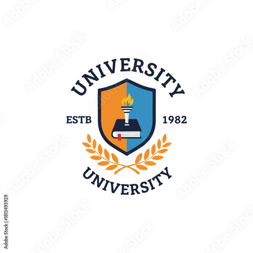 An academic emblem featuring a blue shield, open book, golden torch, and laurel wreath with the year 1982.