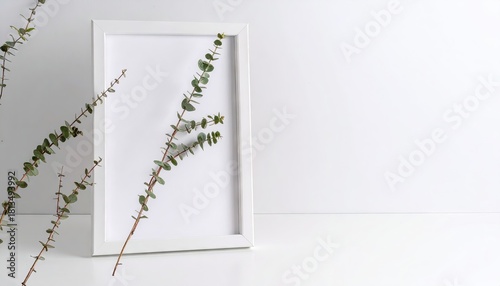 Empty White Frame, Eucalyptus Branches, Leaning on Surface in Bright White Room