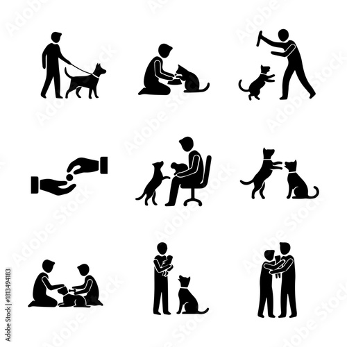 9 black pet and human silhouettes: dog walking, feeding cat, playing, giving treats, hugging. Ideal for animal love and care themes.