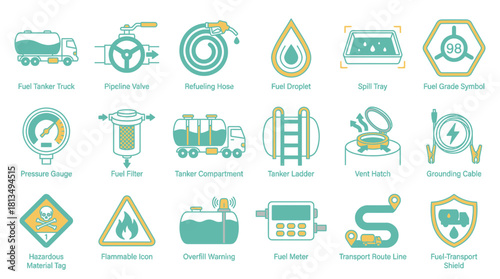 Safeguarding Fuel Transport: Modern Icons for Oil and Gas Industry Safety, Featuring Tanker Trucks, Pipelines, and Hazard Warnings to Ensure Secure Operations
