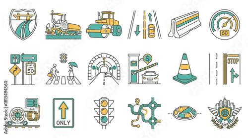 Modern road and highway system icons depict infrastructure, traffic control, and safety measures, representing transportation themes and urban development, originally vector based