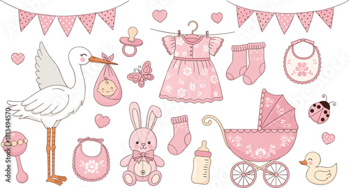 Baby girl themed icon set, pink nursery elements, cute newborn accessories, baby shower clipart collection, flat vector illustration