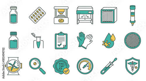 Essential pharmaceutical icons, representing medicine production, drug research, and healthcare compliance in a clean, modern design perfect for medical websites