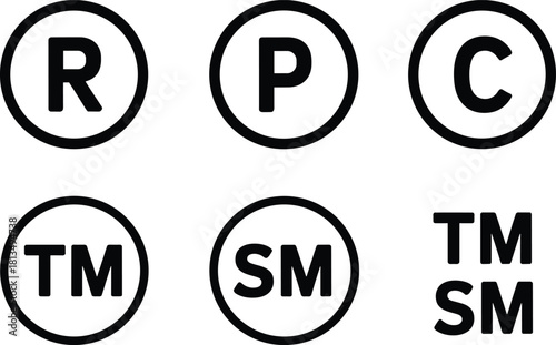Registered Trademark Copyright Patent and Service Mark Symbols in Circles vector illustration