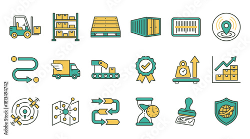 Streamline your supply chain with these efficient logistics icons, perfect for presentations, websites, and marketing materials highlighting distribution and delivery services