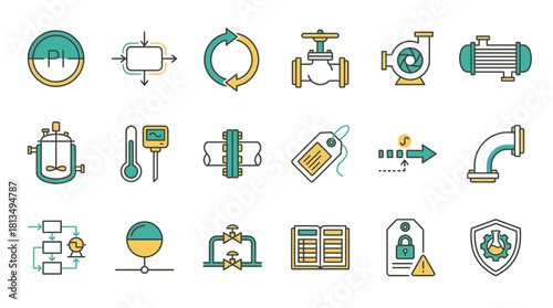 Explore process engineering icons showcasing workflow, measurement, and control for industrial automation, safety, and optimization solutions in modern manufacturing