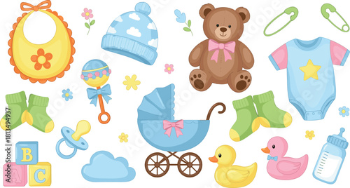 Colorful baby item collection, nursery essentials and toys, infant care accessories, playful newborn icons, flat vector illustration