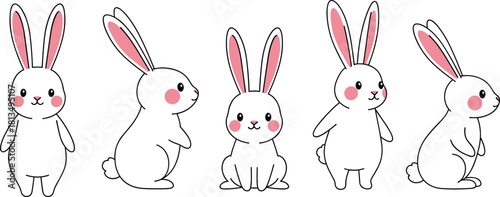 Cute white bunny cartoon set, playful rabbit poses, animal character clipart, kids illustration, pastel cheeks, flat vector illustration