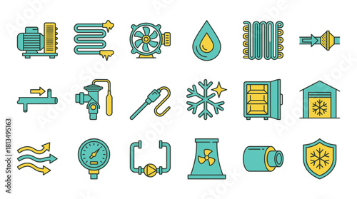 HVAC and refrigeration system icons depicting cooling technology, ventilation, and climate control solutions for home and industrial applications in modern design