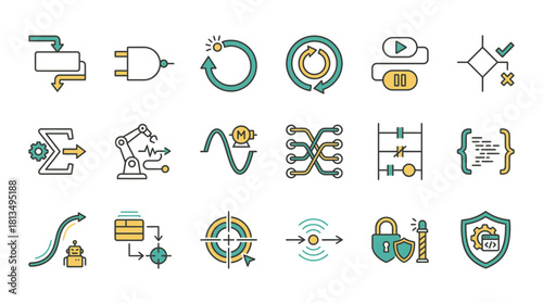 Streamlined automation icons for industrial processes, showcasing efficiency, reliability, and technological advancement in a modern, scalable format for diverse applications