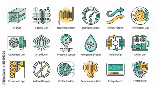 HVAC system components and icons showcase energy efficiency and climate control technology for modern building design and sustainable solutions, originally a vector graphic