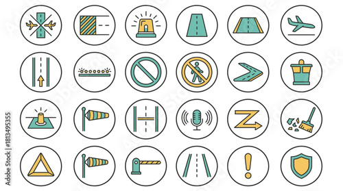 Essential aviation and airport icon collection for navigation, safety, and regulation, perfect for educational resources, travel guides, and transportation design projects