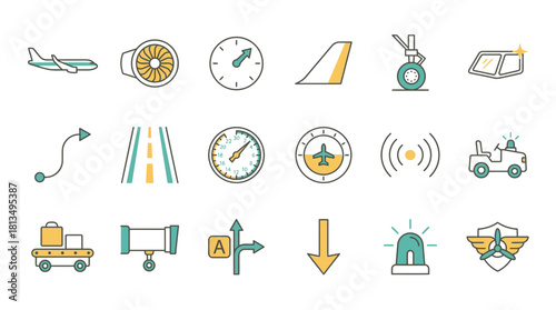 Aviation icons showcase transportation, travel, and airport themes, perfect for illustrating flight routes, airport services, and travel planning with a modern, sleek design