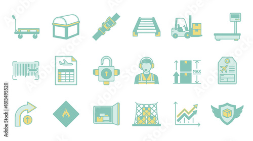 Logistics icons representing global supply chain management, showing import export symbols for air freight, shipping, and secure delivery from scalable vector graphics