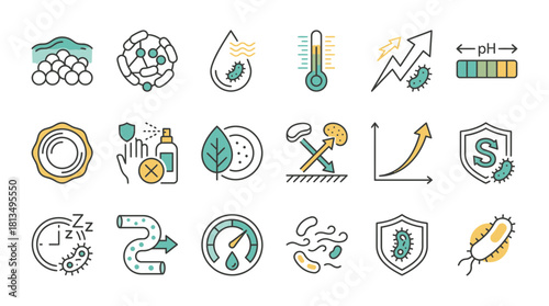 Scientifically accurate icons representing bacteria and microbiology, ideal for educational materials and healthcare visuals, conveying both information and professional quality