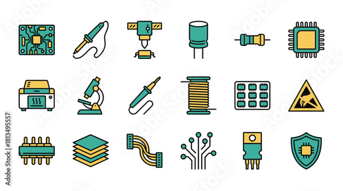 Electronics engineering icons showcase circuit boards, soldering tools, and electronic components, ideal for technical manuals or educational resources, a modern set