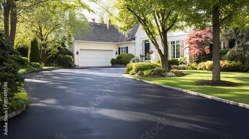Freshly paved asphalt driveway in front of a suburban white house, clean and smooth surface symbolizing home improvement, residential construction, real estate, and modern neighborhood living.
