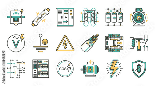 Explore electrical engineering concepts with these vibrant, modern icons perfect for educational materials and industrial design projects, created from scalable vector art