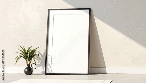 Empty Picture Frame Leans Against Wall with Plant; Sunlight Interior.