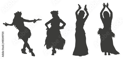 Flat design hawaiian girl silhouette. Hawaiian hula girl dancer action silhouette