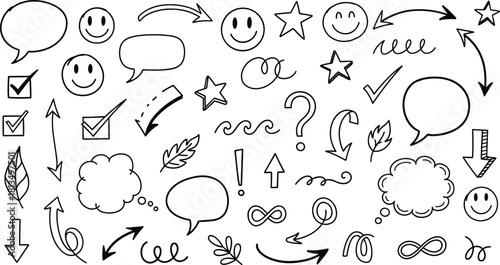 Hand-drawn doodle symbols, sketchy speech bubbles, playful arrows, abstract icons, creative design elements, visual notes, flat vector illustration
