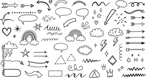 Hand-drawn design elements, sketchy doodles, decorative arrows, speech bubbles, playful symbols, creative vector icons, flat vector illustration