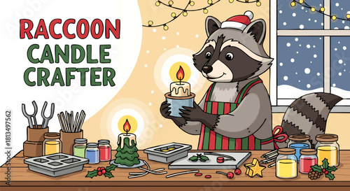 Cartoon raccoon wearing a Santa hat and apron crafting candles at a table with supplies, with a snowy window and Christmas lights in the background.