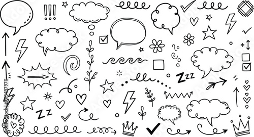 Hand-drawn doodle icons, expressive sketch symbols, speech bubbles, arrows, stars, hearts, check marks, flat vector illustration