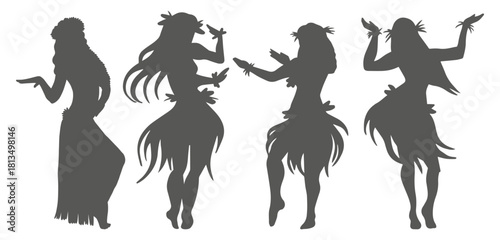 Flat design hawaiian girl silhouette. Hawaiian hula girl dancer action silhouette