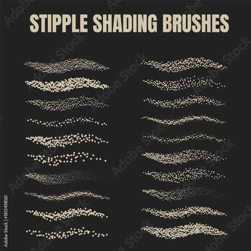 Artistic Stipple Brushes. Set of unique dot and noise textures for hand drawn style shading and graphic design