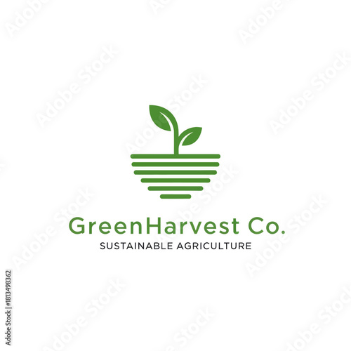 Green Harvest Co. logo featuring a stylized plant sprouting from a series of horizontal lines, representing sustainable agriculture.