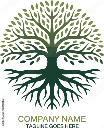 Stylized green tree of life logo with roots and text placeholders Keywords: tree of life, logo, roots, branches, leaves