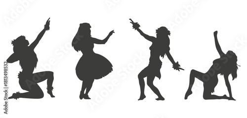 Flat design hawaiian girl silhouette. Hawaiian hula girl dancer action silhouette