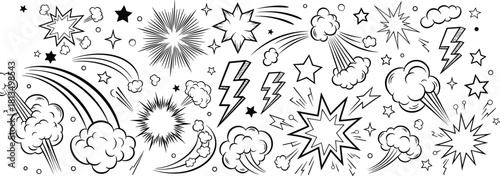 Comic explosion elements, dynamic impact effects, starburst and lightning icons, smoke clouds, motion lines, bold outline, flat vector illustration