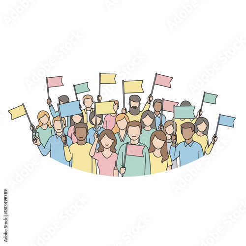 Diverse group of people with flags and signs standing together at a public protest.