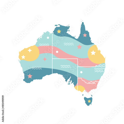 Australia map with stars, waves, circles, and stripes in pastel colors. Flat design.
