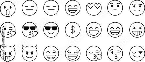 Emoji face icons, expressive moods, digital emotions, cartoon symbols, playful reactions, black white design, flat vector illustration