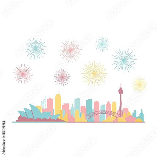 Sydney skyline silhouette with fireworks in pastel colors against a white backdrop.