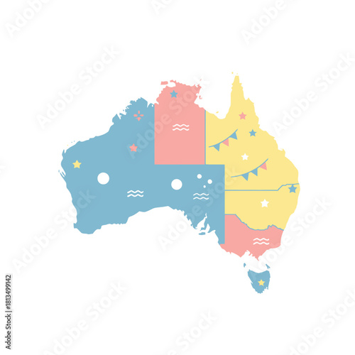 Stylized map of australia in pastel colors, adorned with stars, waves, and pennant banner.