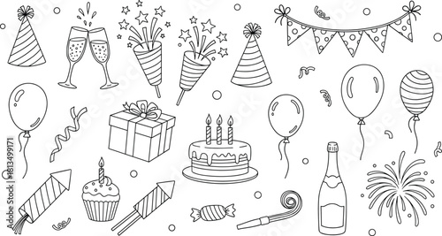 Party doodles, celebration icons, festive elements, birthday symbols, hand-drawn decorations, black white sketch, flat vector illustration