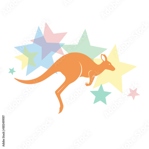 Orange kangaroo jumping with colorful stars, representing australia and wildlife themes.