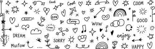 Hand-drawn doodles, expressive icons, playful sketches, decorative symbols, cheerful words, abstract shapes, creative visuals, flat vector illustration