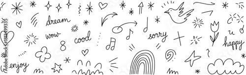 Hand-drawn doodles, expressive symbols, playful icons, decorative sketches, cheerful elements, handwritten words, creative visuals, flat vector illustration