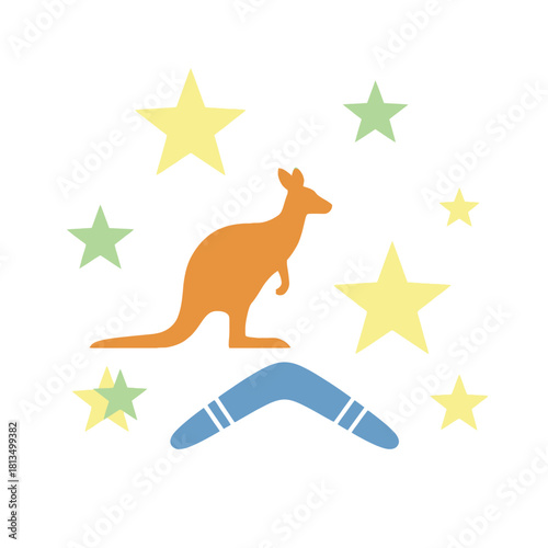 Iconic kangaroo and boomerang illustration with stars, symbolizing australian culture.
