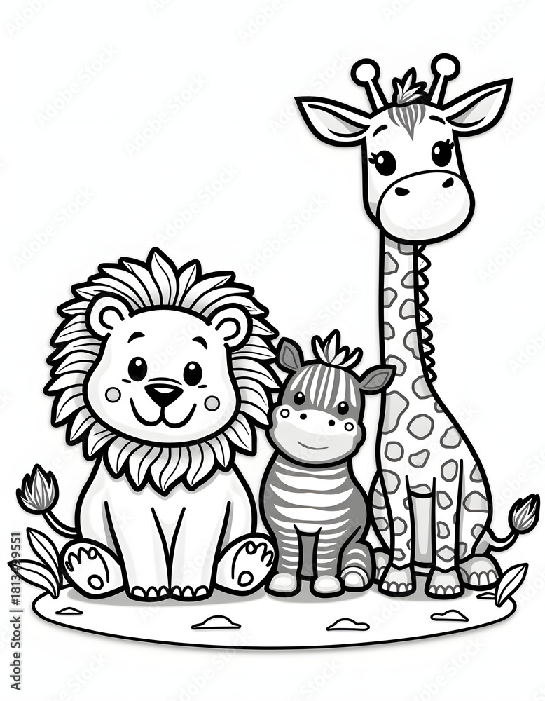 Obraz premium Cute cartoon lion, zebra, and giraffe friends in black and white