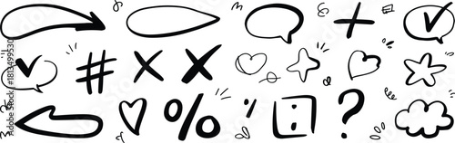 Hand-drawn doodles, expressive icons, sketch symbols, playful elements, communication signs, abstract shapes, creative visuals, flat vector illustration