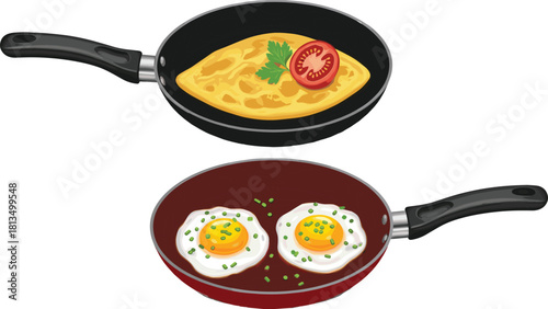 Frying pans with omelet and eggs, breakfast food, cooking concept, kitchen scene, top view, flat vector illustration