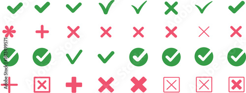 UI symbols, check marks, error icons, plus signs, asterisks, green red indicators, interface visuals, alert signs, flat vector illustration