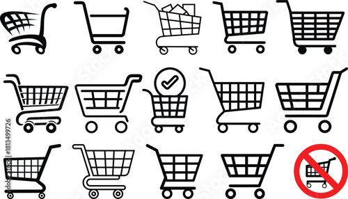 Shopping cart icon set. Shopping trolley in outline. Web cart in line. Shop symbol in black. Trolley icon. Stock vector illustration.A simple line art illustration of a shopping cart. 